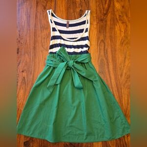 Lovely Day Tank Dress, Size S Green With Navy And White Stripes With Tie Belt